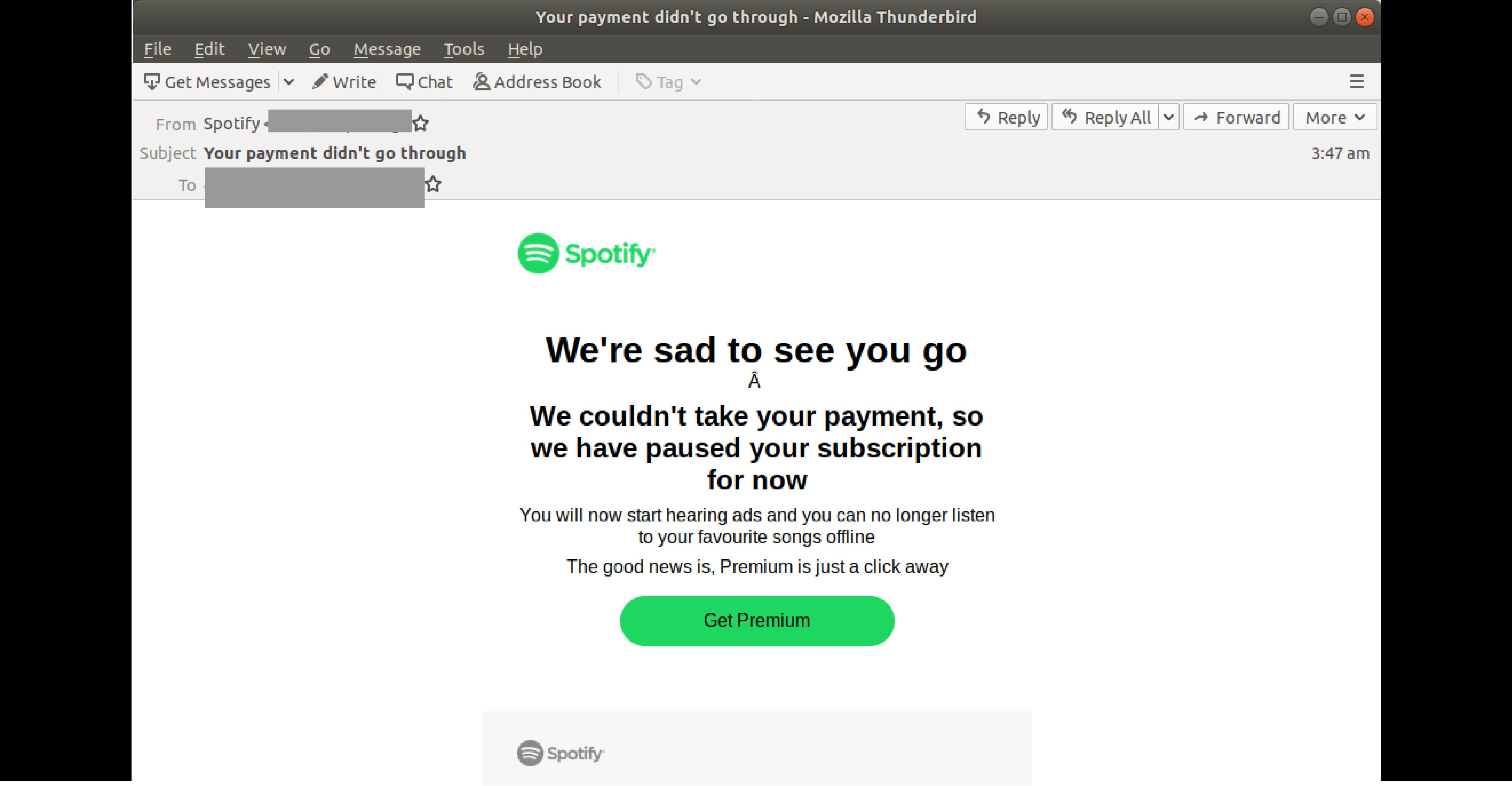 Phishing email impersonating Spotify claims ‘your payment didn’t go